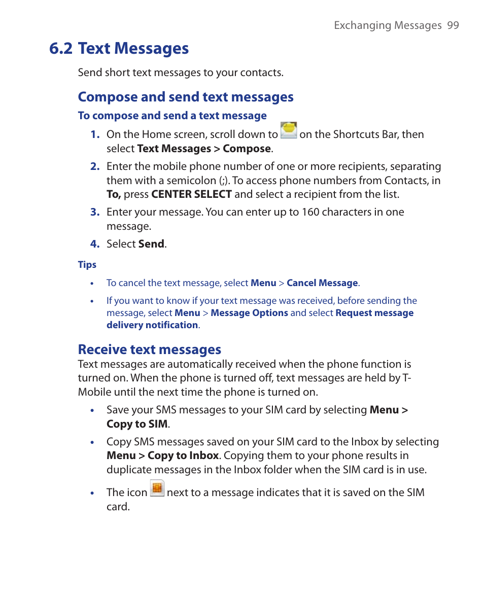 2 text messages, Compose and send text messages, Receive text messages | HTC KII0160 User Manual | Page 99 / 212