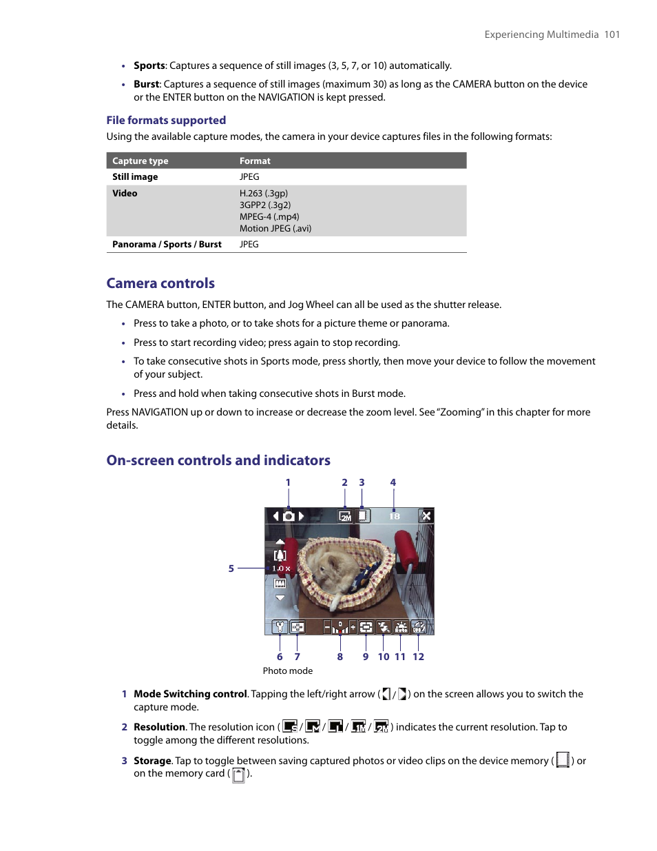 Camera controls, On-screen controls and indicators | HTC PDA Phone User Manual | Page 101 / 144