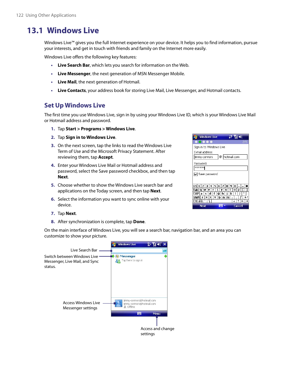 1 windows live, Set up windows live | HTC PDA Phone User Manual | Page 122 / 144