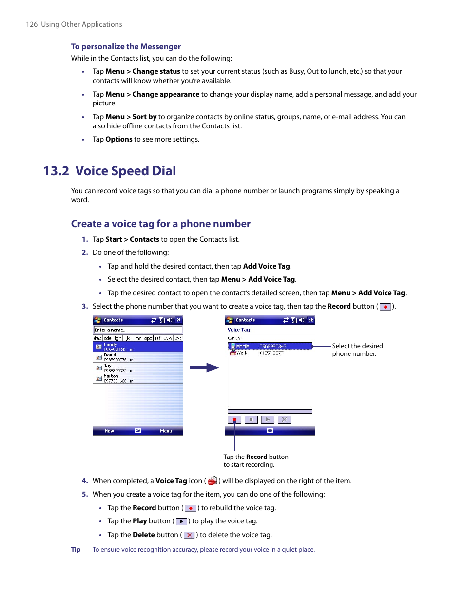 2 voice speed dial, Create a voice tag for a phone number | HTC PDA Phone User Manual | Page 126 / 144