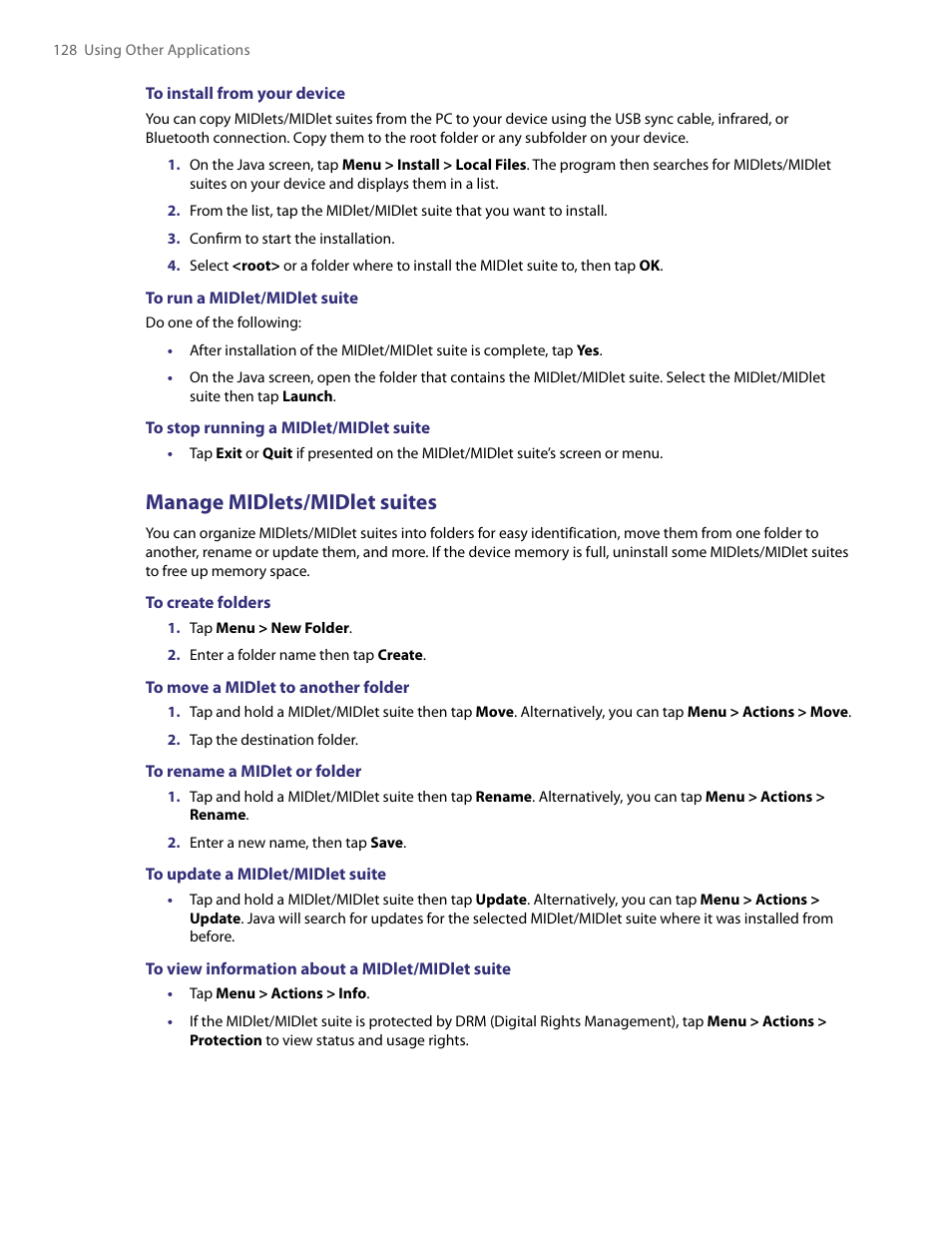 Manage midlets/midlet suites | HTC PDA Phone User Manual | Page 128 / 144