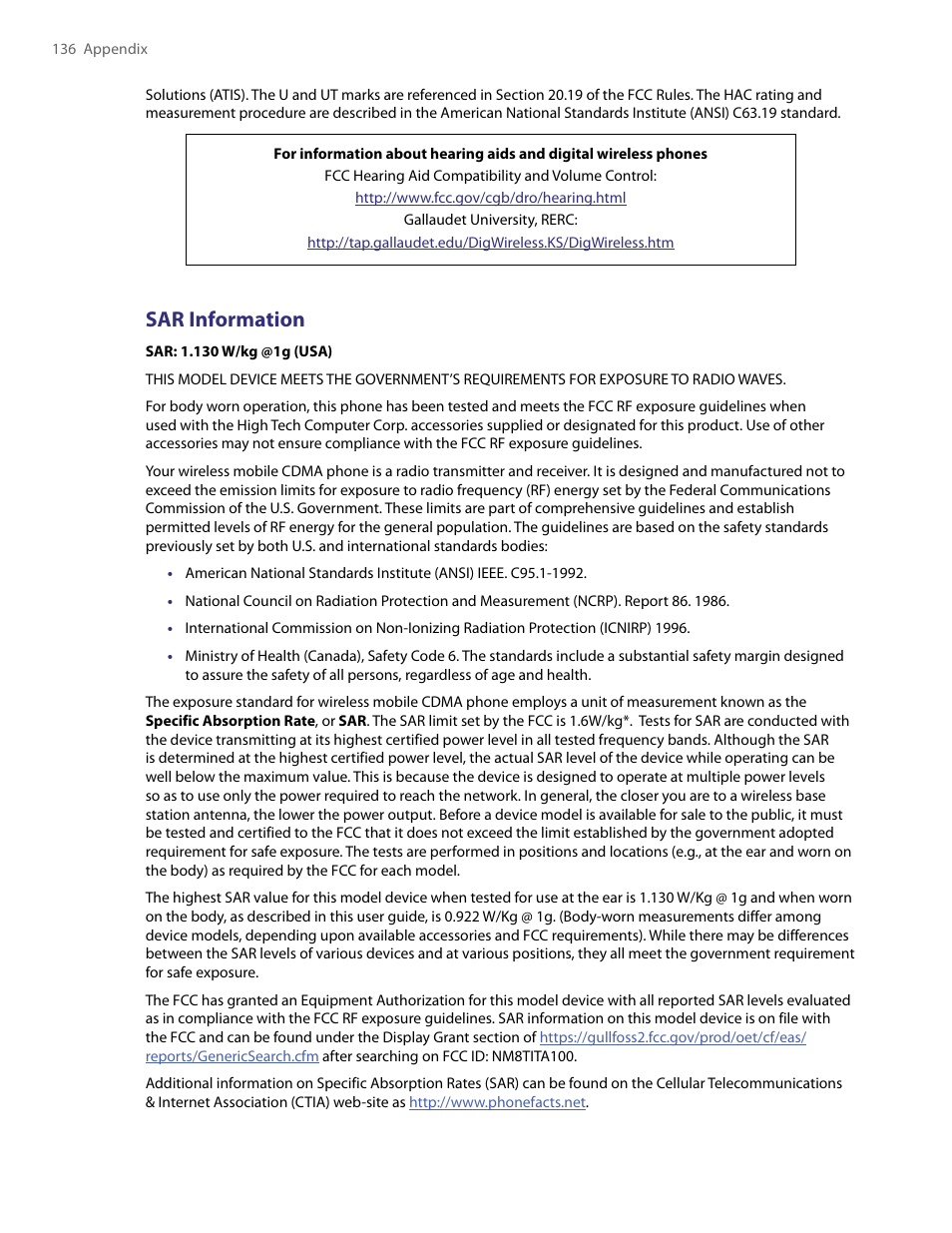 Sar information | HTC PDA Phone User Manual | Page 136 / 144