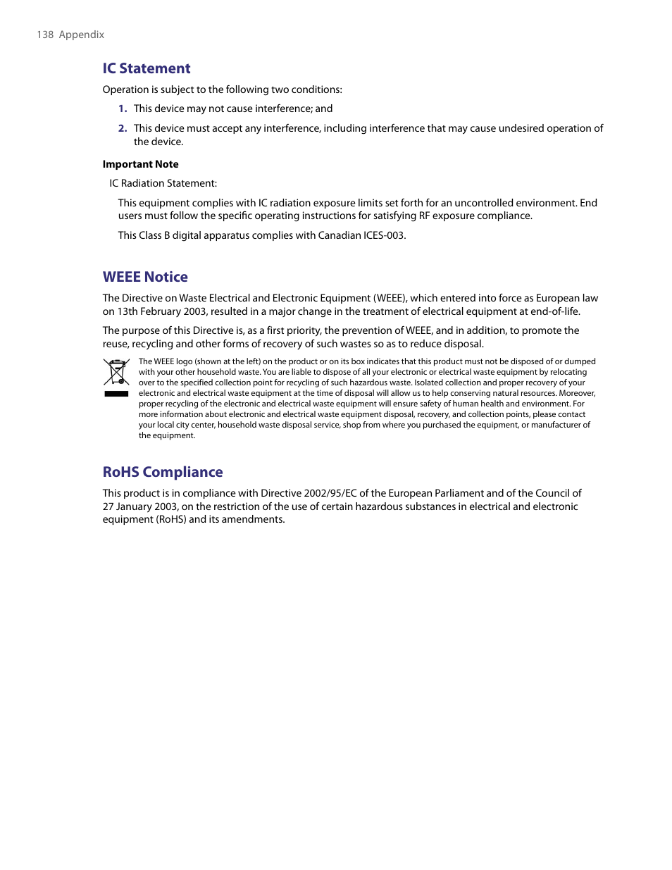 Ic statement, Weee notice, Rohs compliance | HTC PDA Phone User Manual | Page 138 / 144