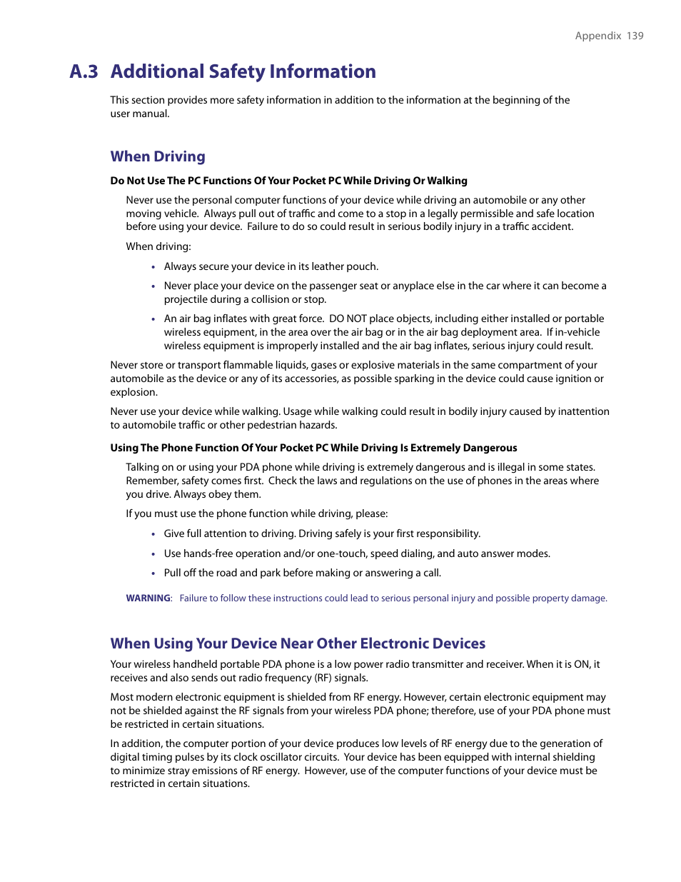 A.3 additional safety information, When driving | HTC PDA Phone User Manual | Page 139 / 144