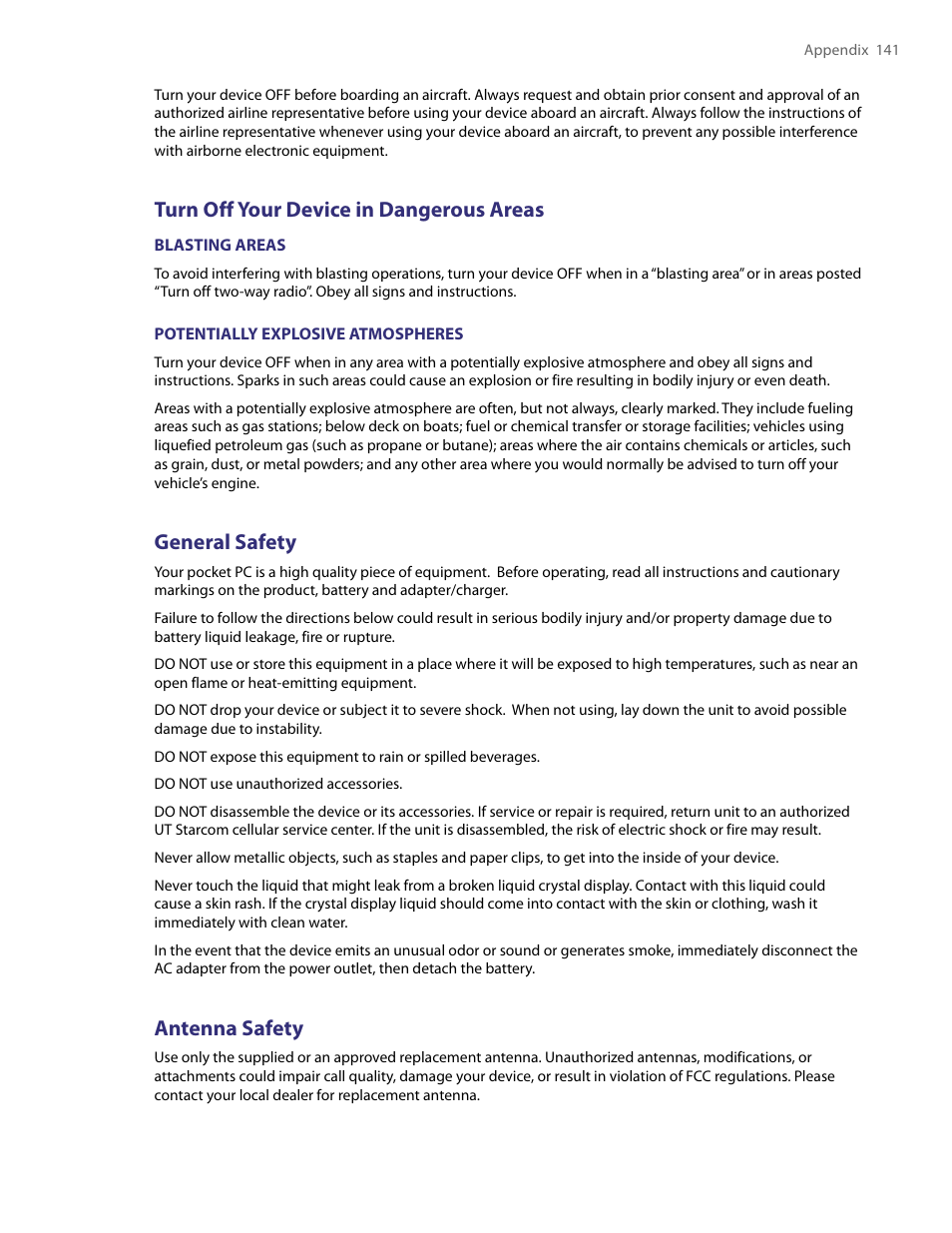 Turn off your device in dangerous areas, General safety, Antenna safety | HTC PDA Phone User Manual | Page 141 / 144