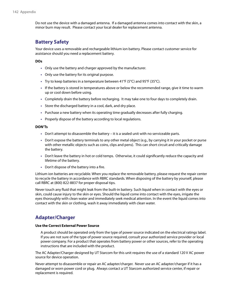 Battery safety, Adapter/charger | HTC PDA Phone User Manual | Page 142 / 144