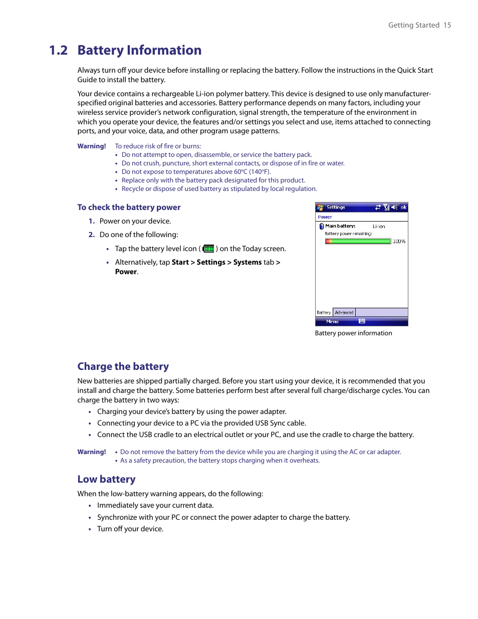 2 battery information, Charge the battery, Low battery | HTC PDA Phone User Manual | Page 15 / 144