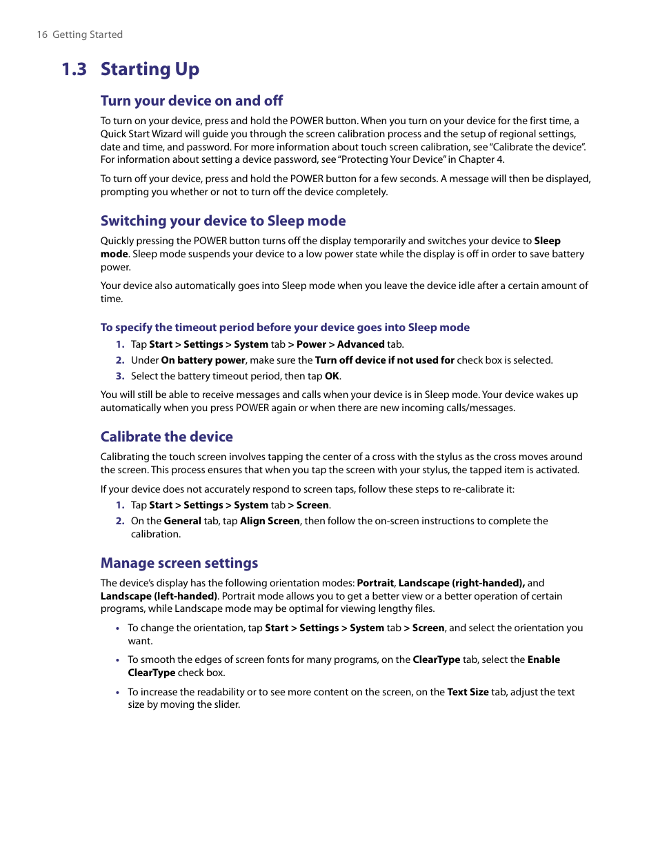 3 starting up, Turn your device on and off, Switching your device to sleep mode | Calibrate the device, Manage screen settings | HTC PDA Phone User Manual | Page 16 / 144