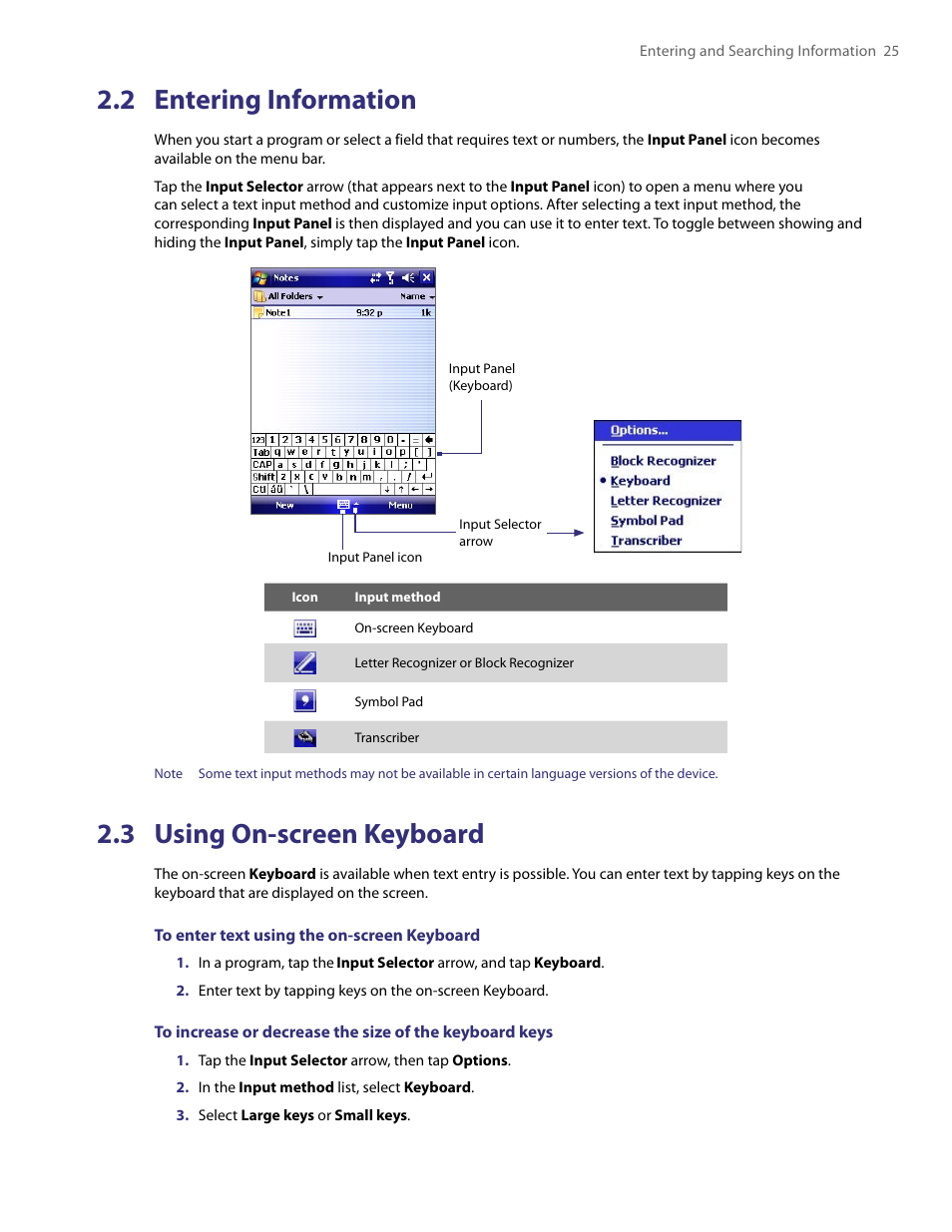 2 entering information, 3 using on-screen keyboard | HTC PDA Phone User Manual | Page 25 / 144