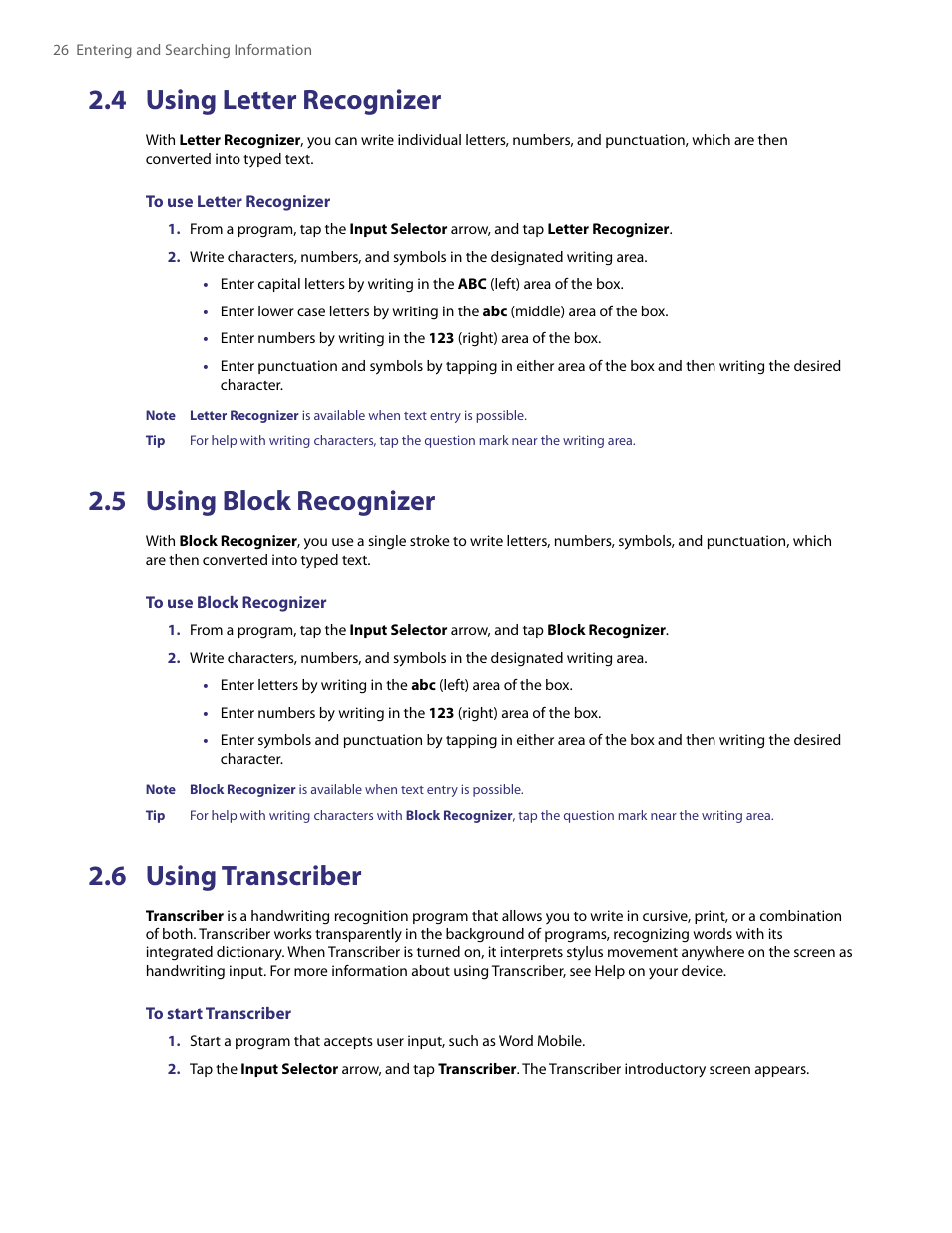 4 using letter recognizer, 5 using block recognizer, 6 using transcriber | HTC PDA Phone User Manual | Page 26 / 144