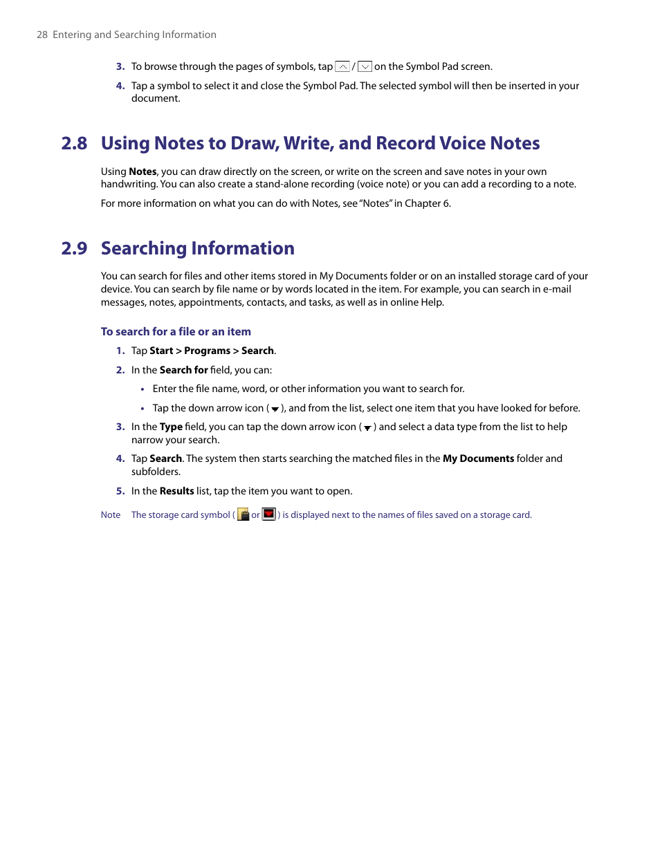 9 searching information, 8 using notes to draw, write, And record voice notes | HTC PDA Phone User Manual | Page 28 / 144