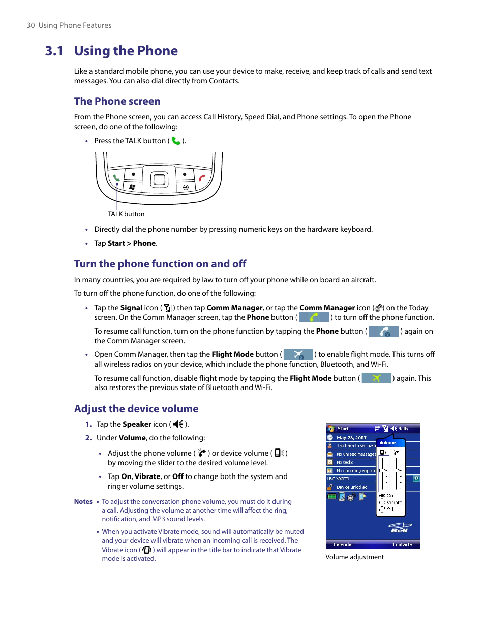 1 using the phone, The phone screen, Turn the phone function on and off | Adjust the device volume | HTC PDA Phone User Manual | Page 30 / 144