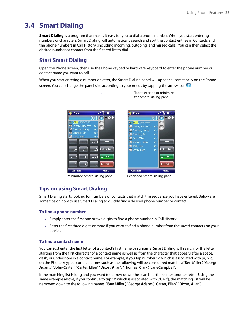 4 smart dialing, Start smart dialing, Tips on using smart dialing | HTC PDA Phone User Manual | Page 33 / 144