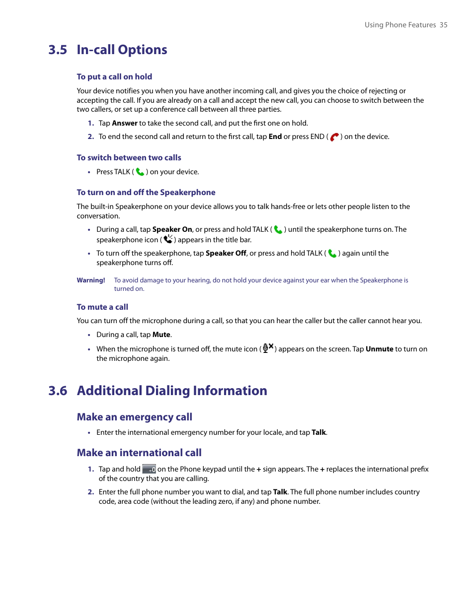 5 in-call options, 6 additional dialing information, Make an emergency call | Make an international call | HTC PDA Phone User Manual | Page 35 / 144