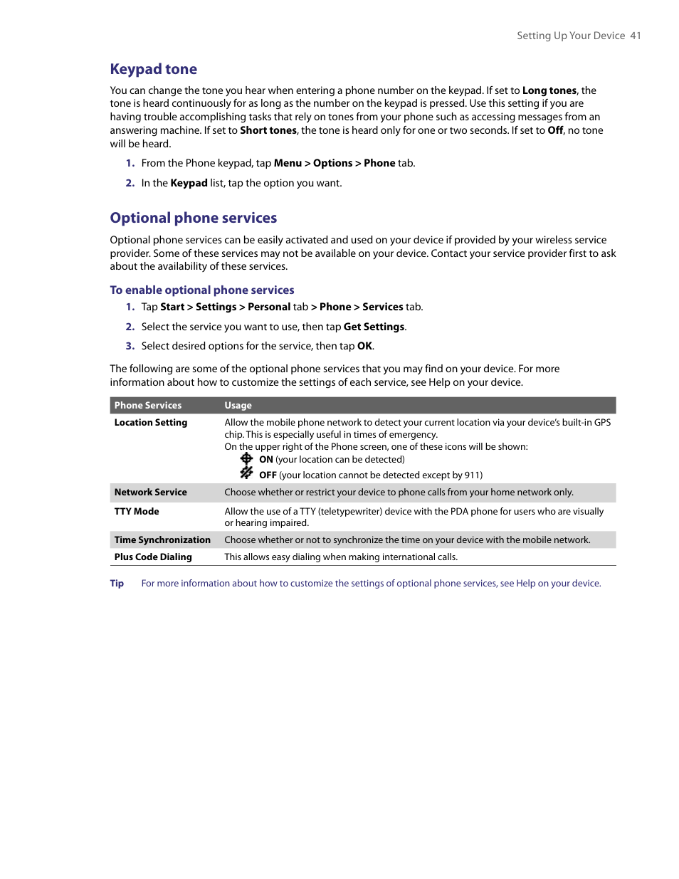 Keypad tone, Optional phone services | HTC PDA Phone User Manual | Page 41 / 144