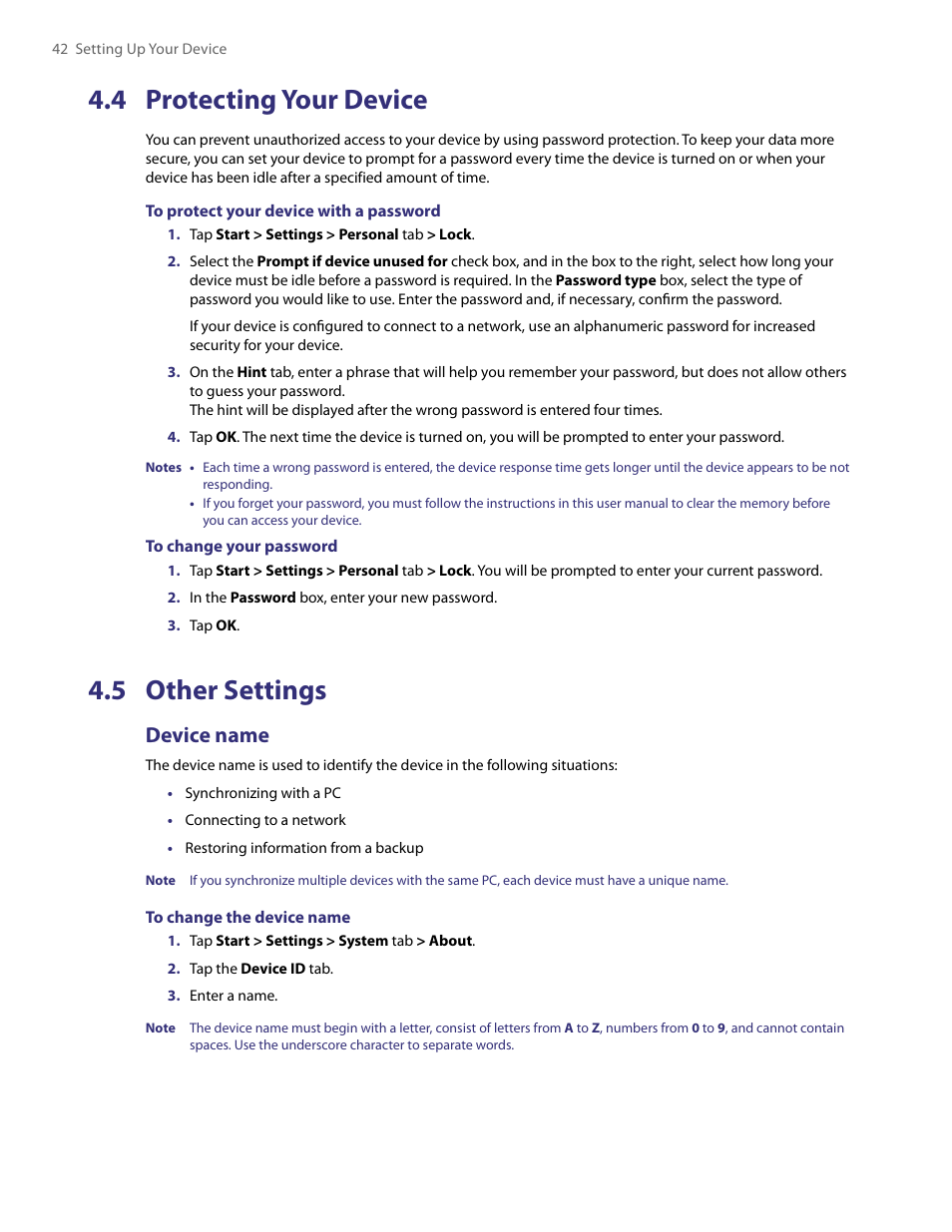 4 protecting your device, 5 other settings, 4 protecting your device 4.5 other settings | Device name | HTC PDA Phone User Manual | Page 42 / 144