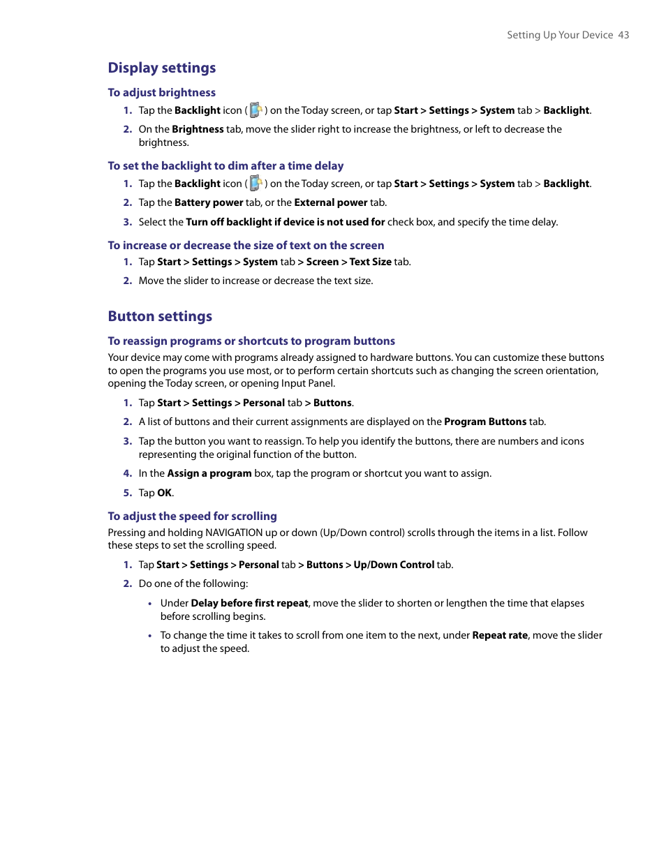 Display settings, Button settings | HTC PDA Phone User Manual | Page 43 / 144