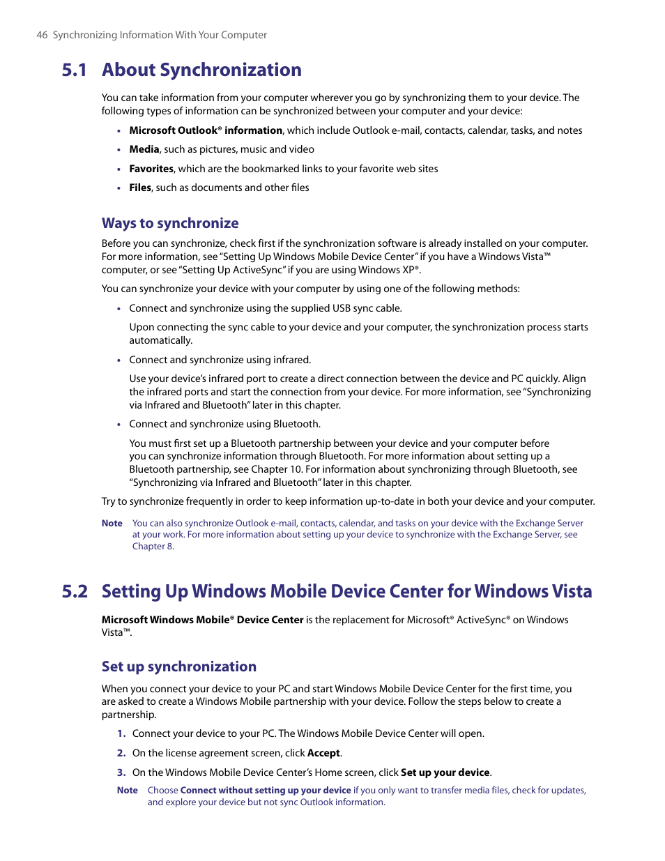 1 about synchronization, 2 setting up windows mobile device center, Ways to synchronize | Set up synchronization | HTC PDA Phone User Manual | Page 46 / 144