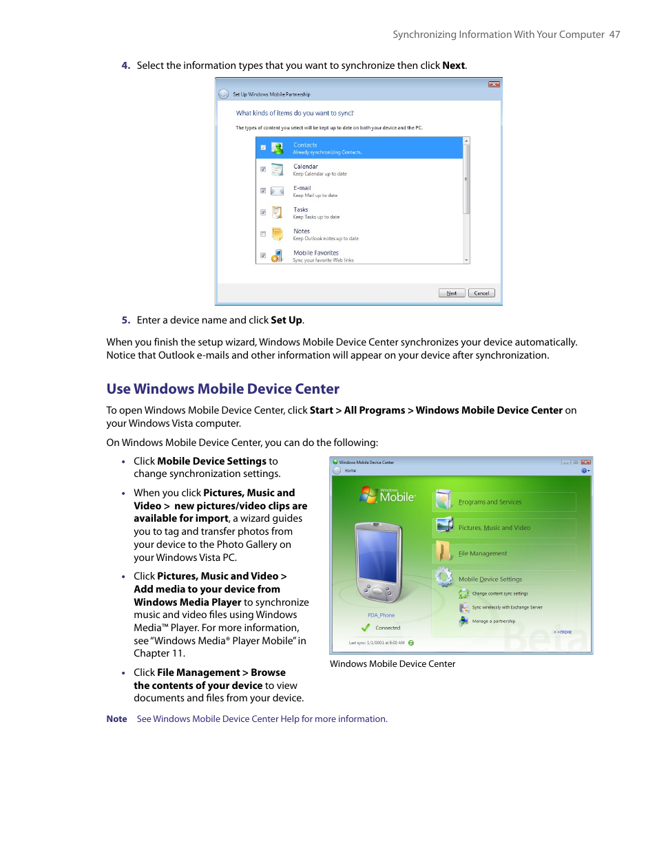Use windows mobile device center | HTC PDA Phone User Manual | Page 47 / 144