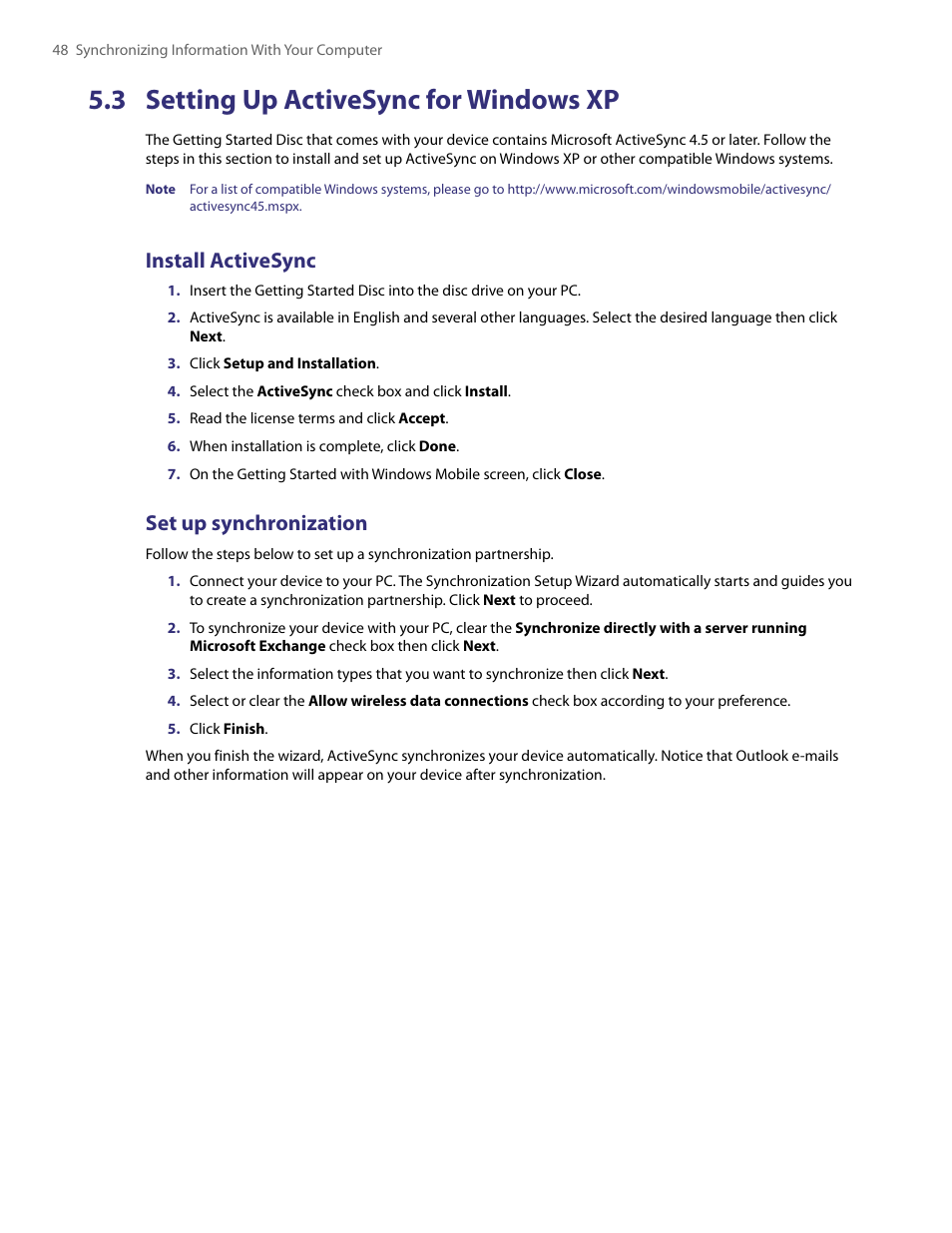 3 setting up activesync for windows xp, 3 setting up activesync, Install activesync | Set up synchronization | HTC PDA Phone User Manual | Page 48 / 144