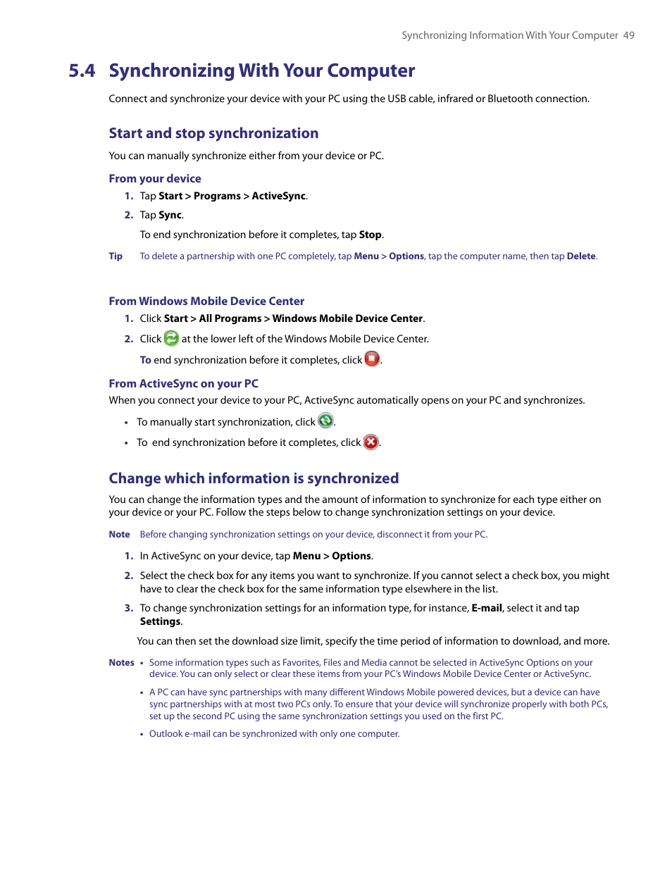 4 synchronizing with your computer, Start and stop synchronization, Change which information is synchronized | HTC PDA Phone User Manual | Page 49 / 144