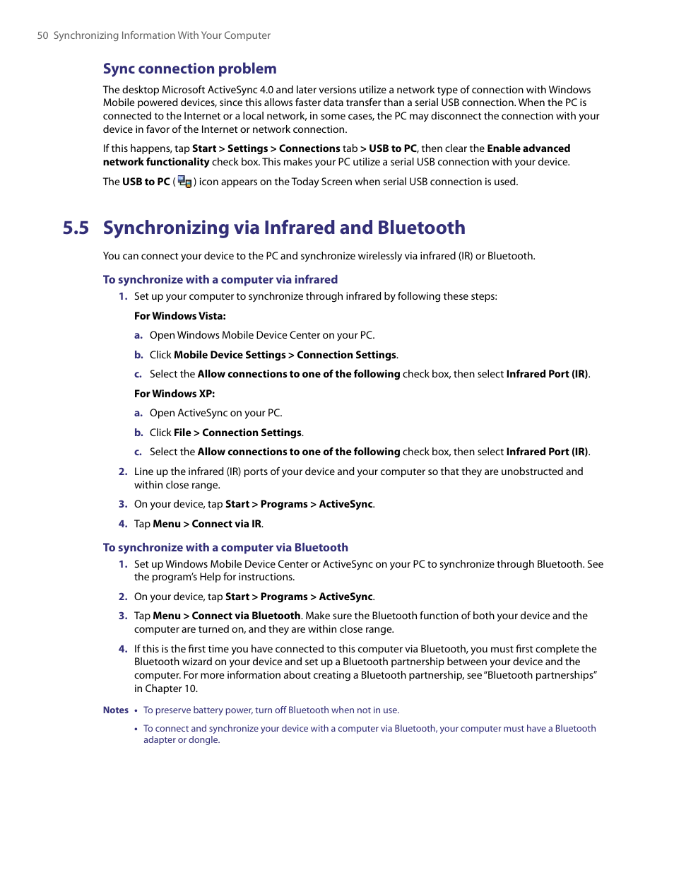 5 synchronizing via infrared and bluetooth, Sync connection problem | HTC PDA Phone User Manual | Page 50 / 144