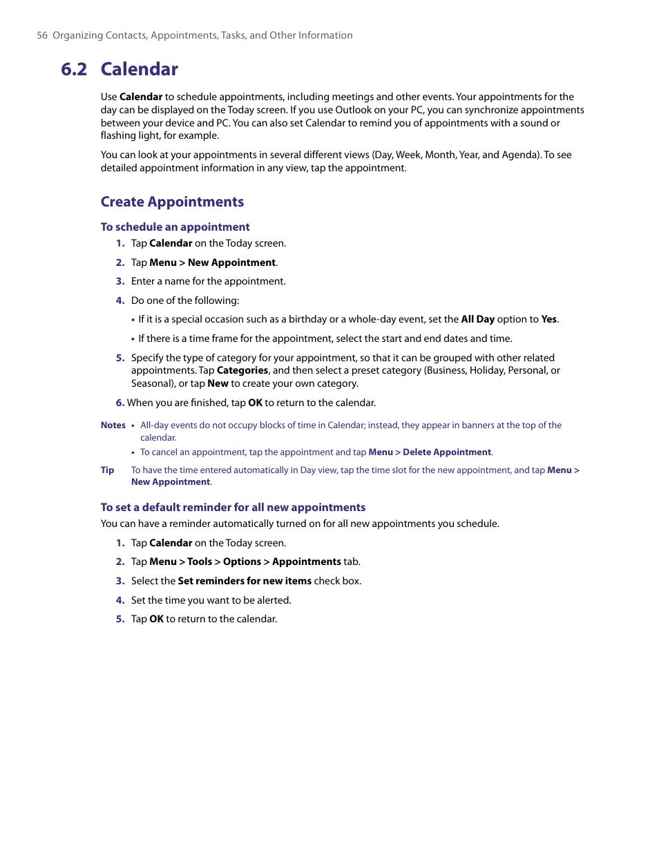 2 calendar, 3 tasks, Create appointments | HTC PDA Phone User Manual | Page 56 / 144