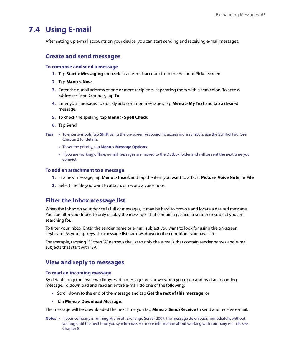 4 using e-mail, Create and send messages, Filter the inbox message list | View and reply to messages | HTC PDA Phone User Manual | Page 65 / 144