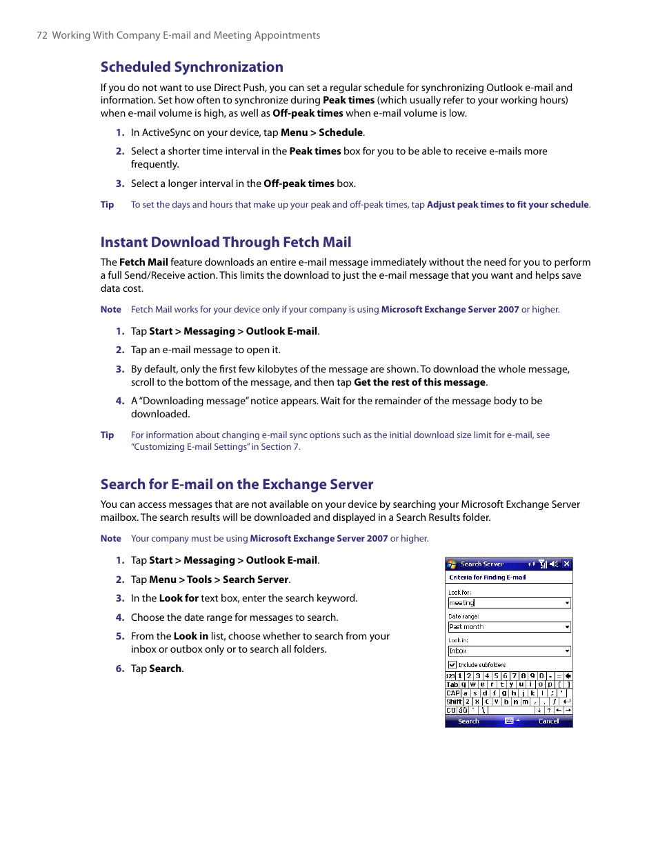 Scheduled synchronization, Instant download through fetch mail, Search for e-mail on the exchange server | HTC PDA Phone User Manual | Page 72 / 144