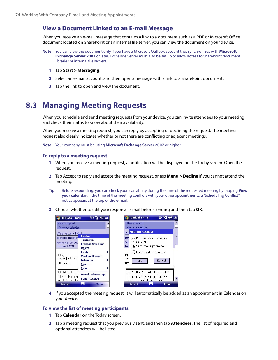 3 managing meeting requests, View a document linked to an e-mail message | HTC PDA Phone User Manual | Page 74 / 144