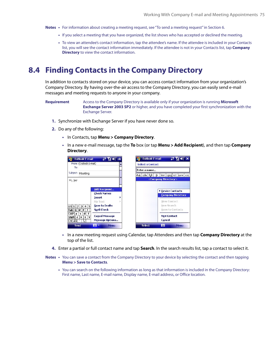 4 finding contacts in the company directory | HTC PDA Phone User Manual | Page 75 / 144