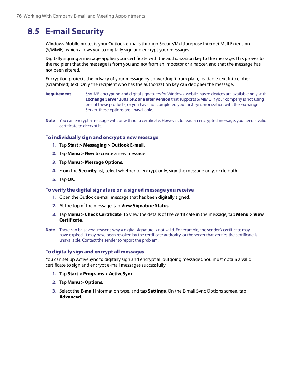 5 e-mail security | HTC PDA Phone User Manual | Page 76 / 144