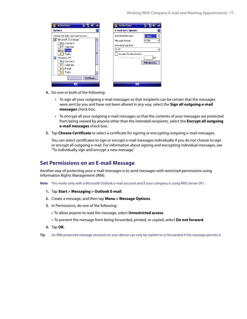 Set permissions on an e-mail message | HTC PDA Phone User Manual | Page 77 / 144