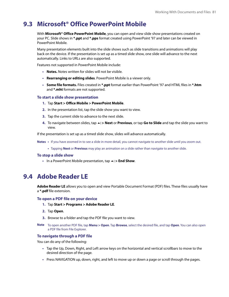 3 microsoft® office powerpoint mobile, 4 adobe reader le, 3 powerpoint mobile | HTC PDA Phone User Manual | Page 81 / 144