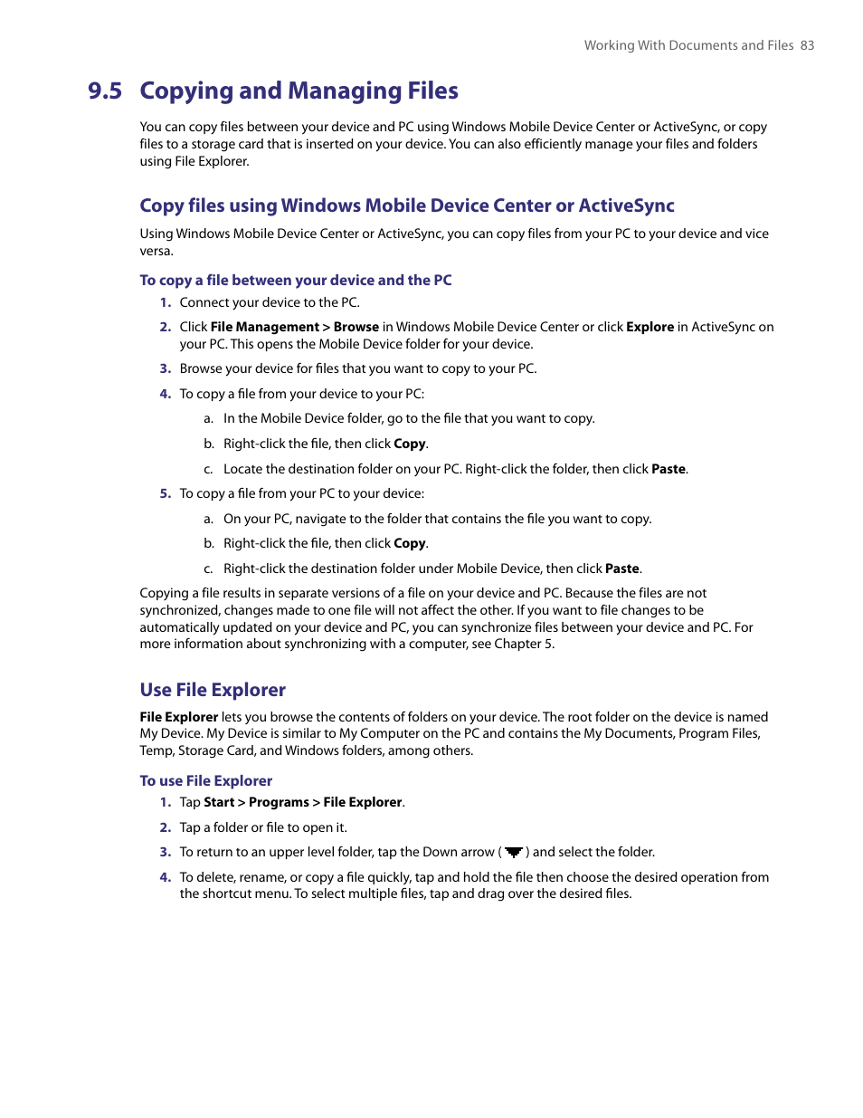 5 copying and managing files, Use file explorer | HTC PDA Phone User Manual | Page 83 / 144