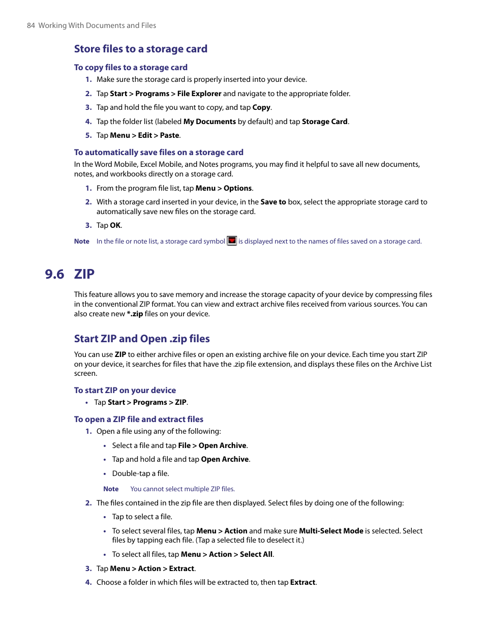 6 zip, Store files to a storage card, Start zip and open .zip files | HTC PDA Phone User Manual | Page 84 / 144