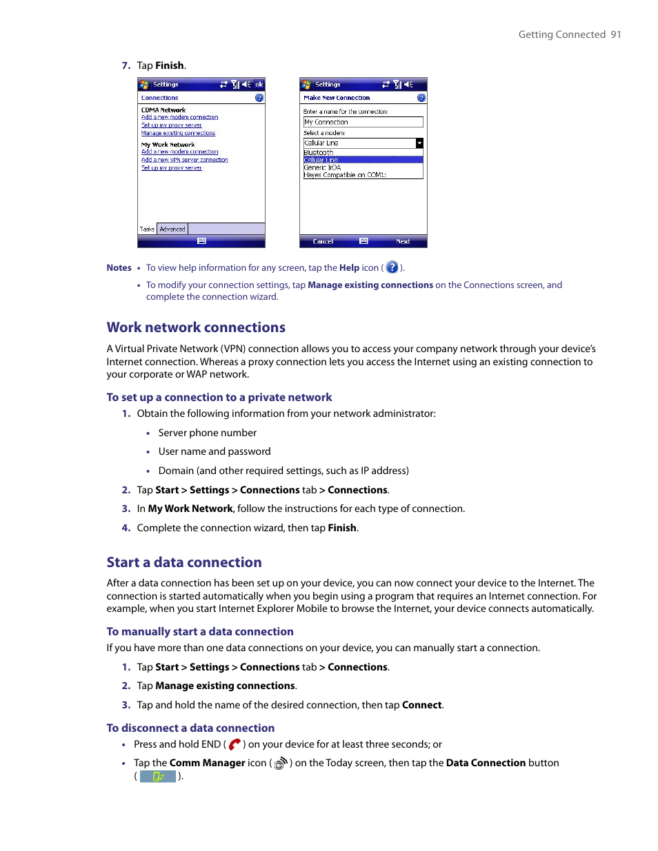 Work network connections, Start a data connection | HTC PDA Phone User Manual | Page 91 / 144