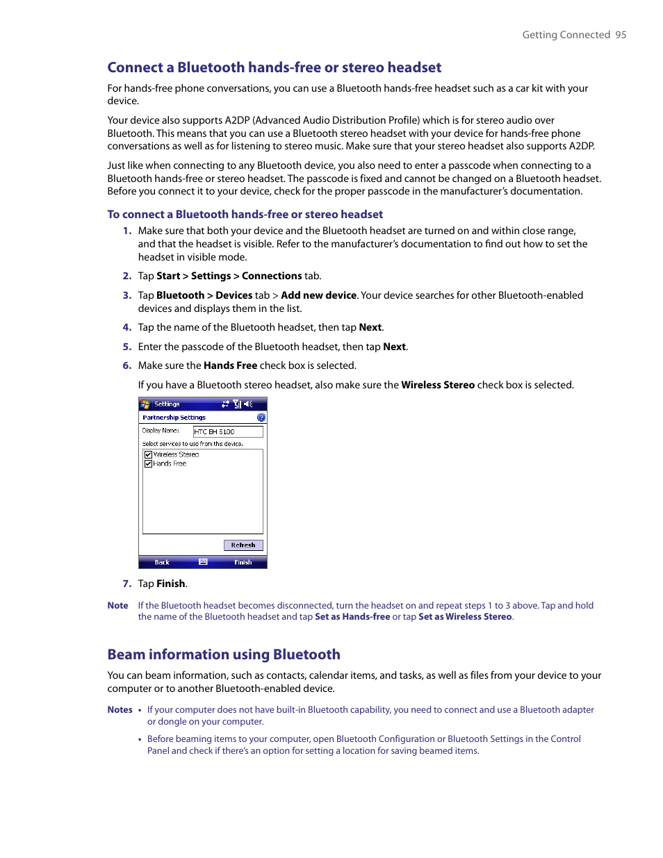 Connect a bluetooth hands-free or stereo headset, Beam information using bluetooth | HTC PDA Phone User Manual | Page 95 / 144