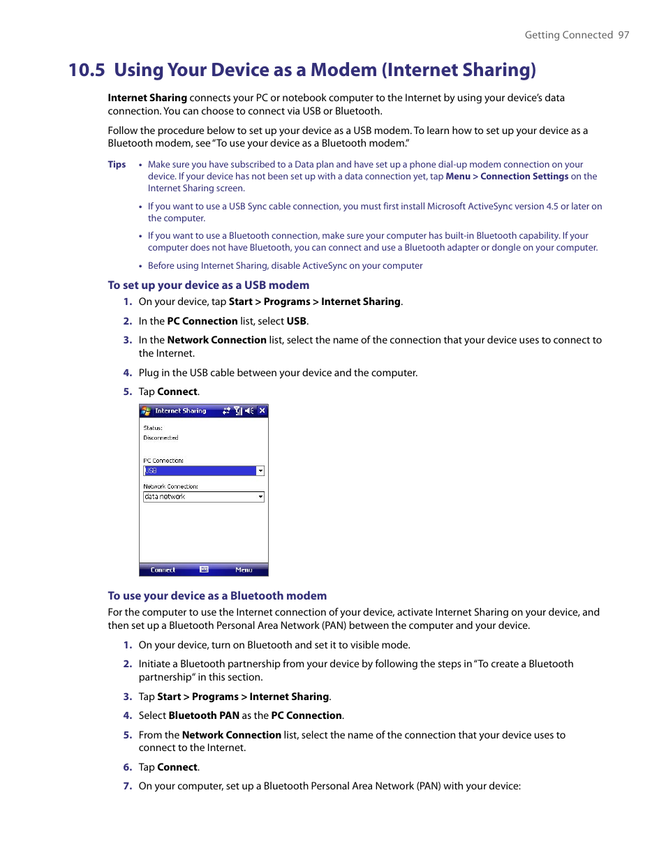 5 using your device as a modem (internet sharing), 5 using your device as a modem, Internet sharing) | HTC PDA Phone User Manual | Page 97 / 144