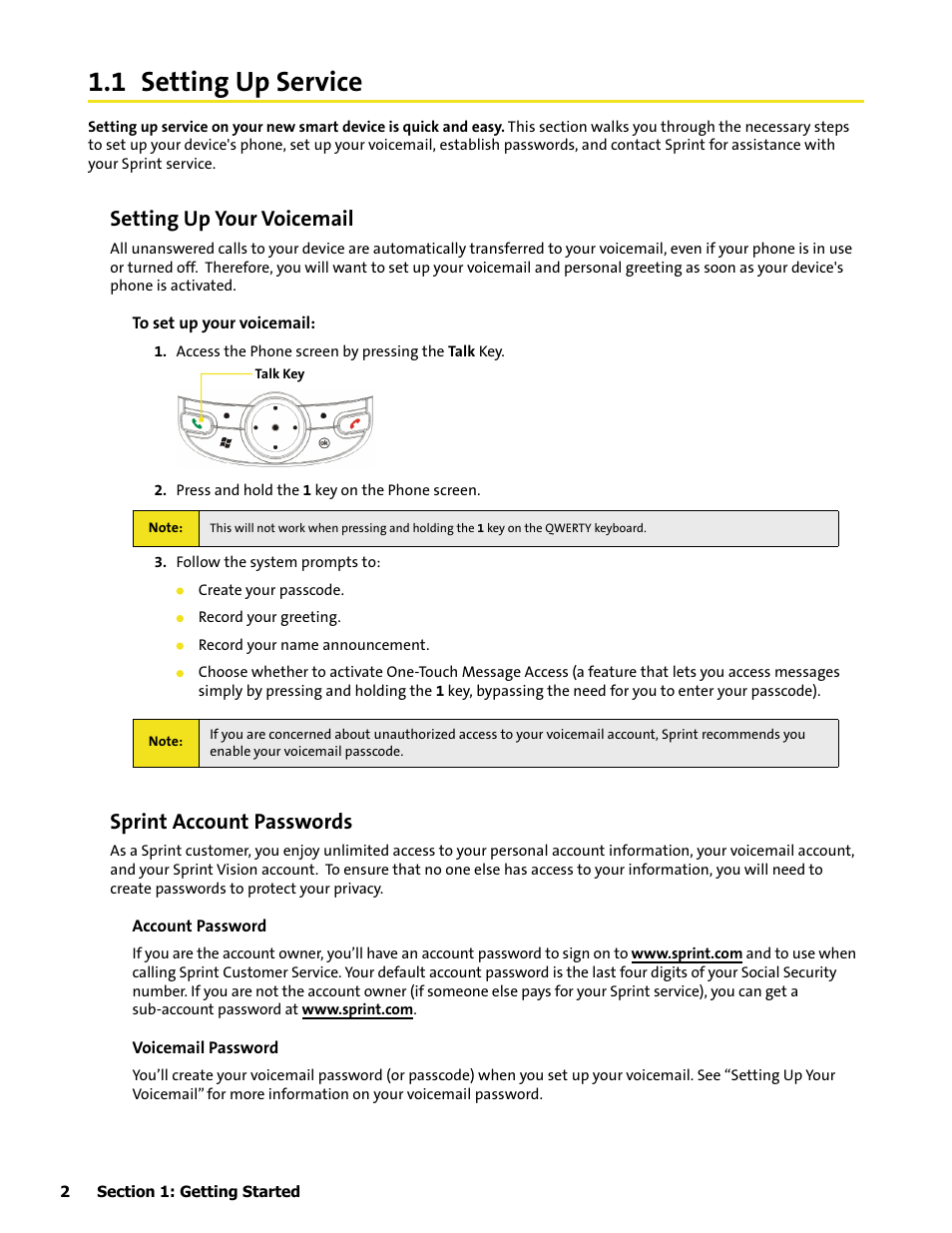 1 setting up service, Setting up your voicemail, Sprint account passwords | HTC Mogul User Manual | Page 10 / 188
