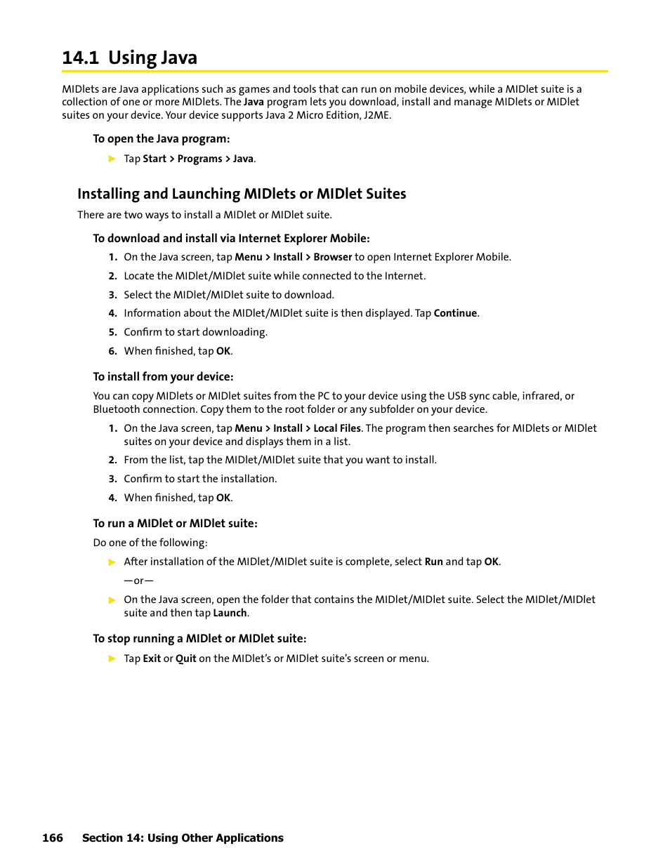 1 using java, Installing and launching midlets or midlet suites | HTC Mogul User Manual | Page 162 / 188