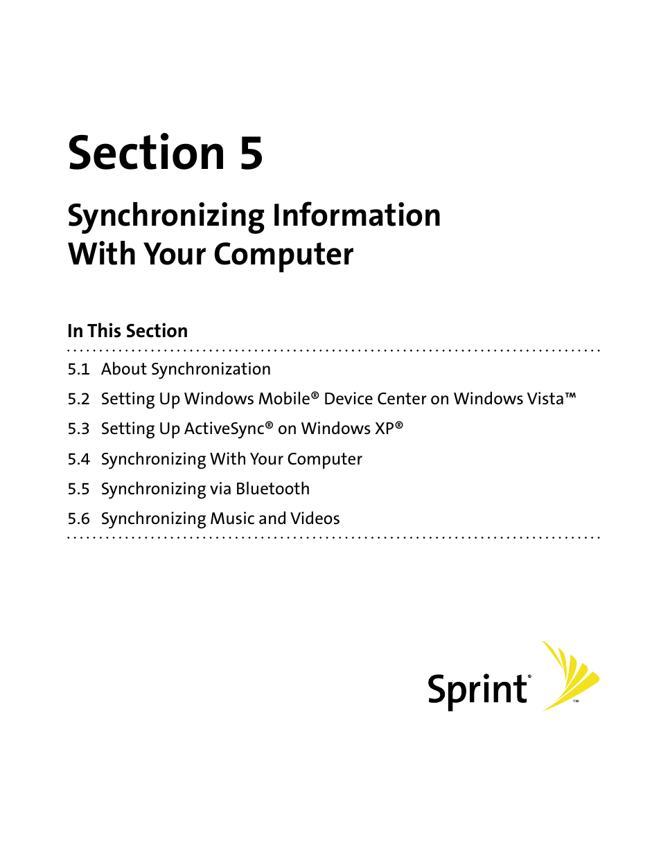 Section 5, Synchronizing information with your computer | HTC Mogul User Manual | Page 65 / 188