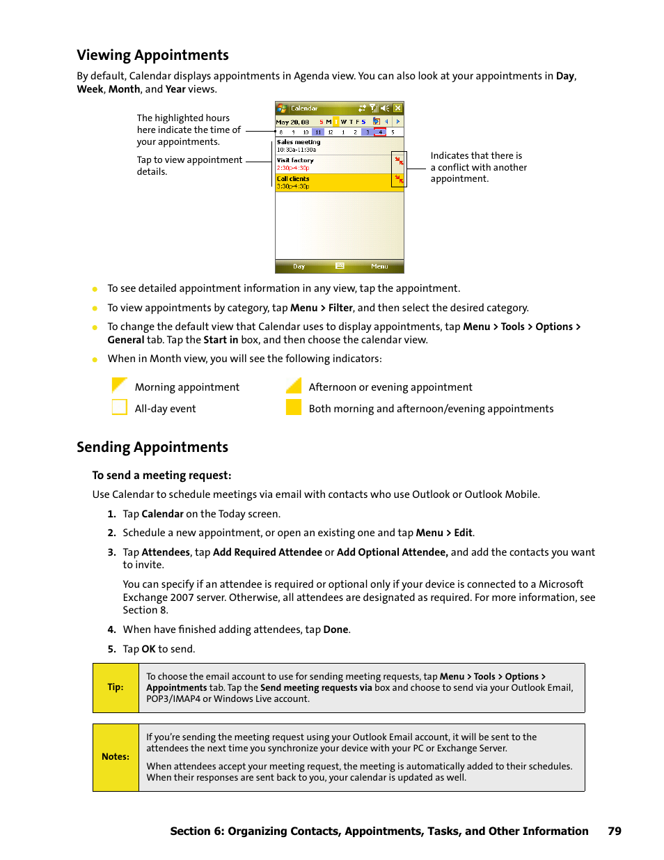 Viewing appointments, Sending appointments | HTC Mogul User Manual | Page 77 / 188