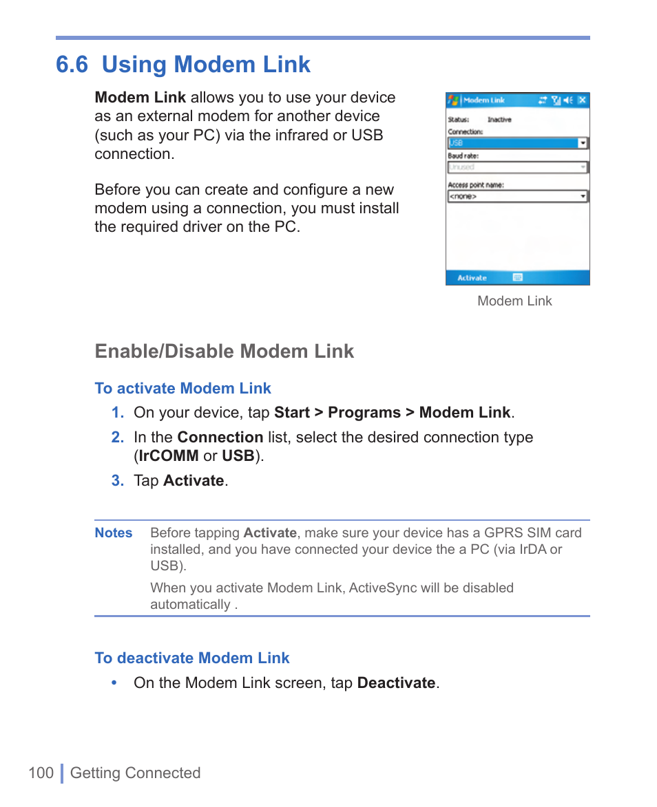 6 using modem link, Enable/disable modem link | HTC WIZA100 User Manual | Page 100 / 192