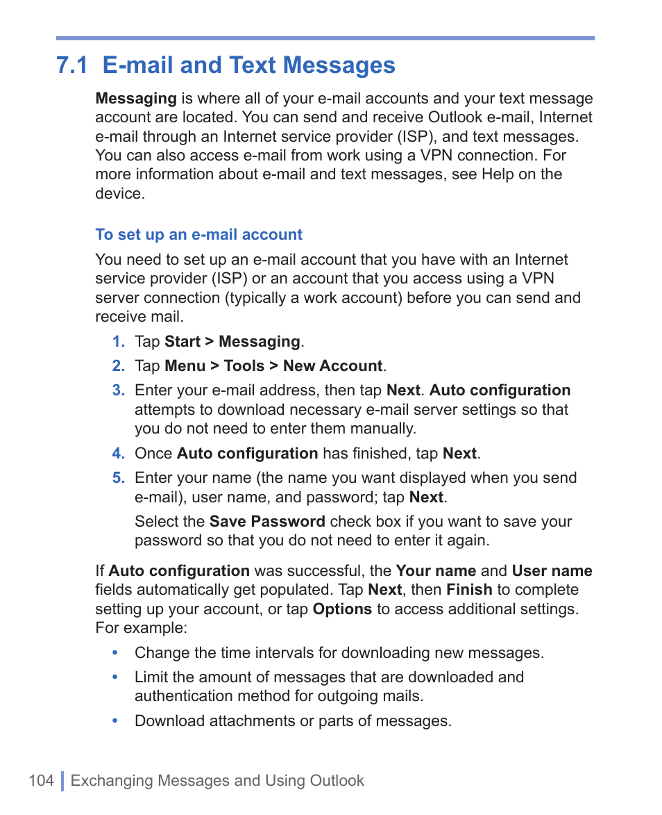 1 e-mail and text messages | HTC WIZA100 User Manual | Page 104 / 192