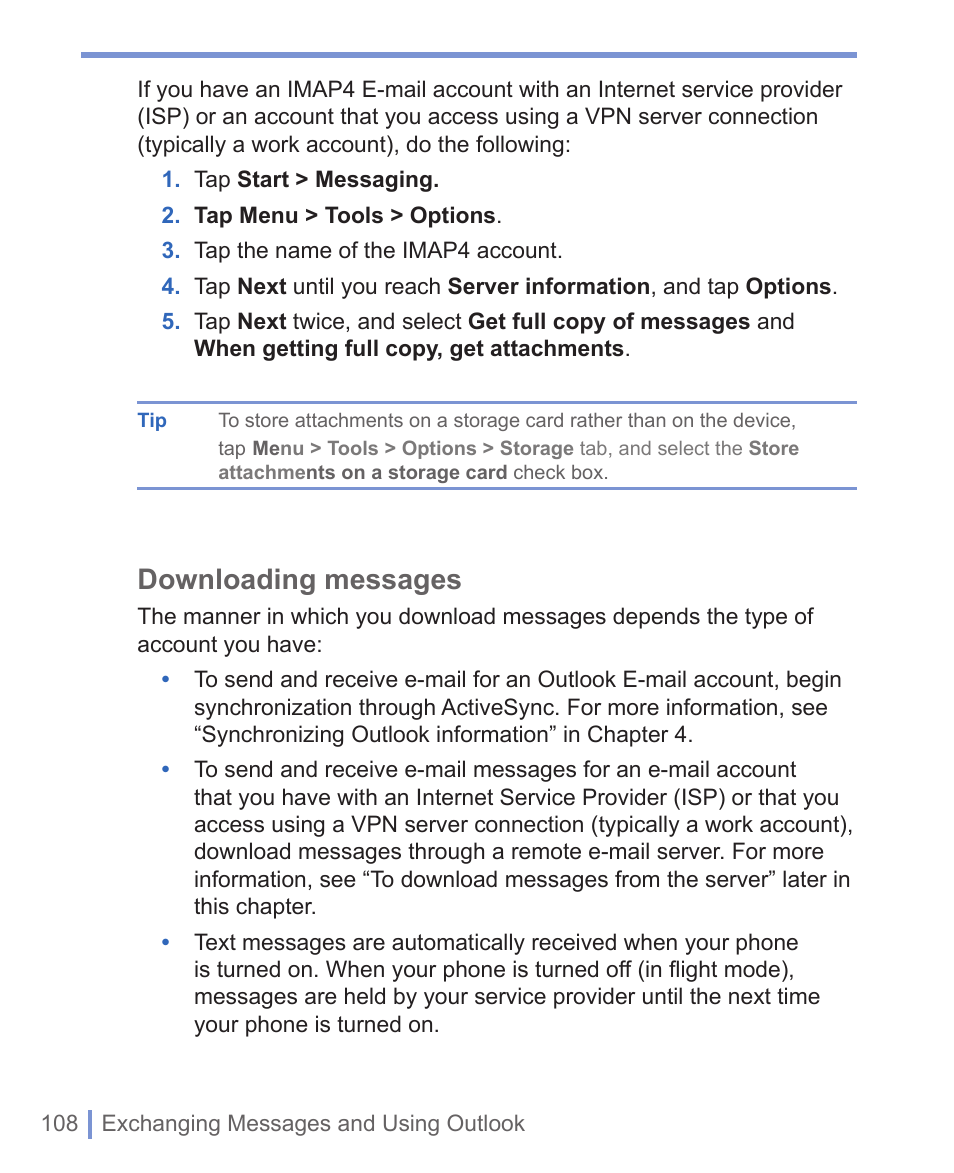 Downloading messages | HTC WIZA100 User Manual | Page 108 / 192