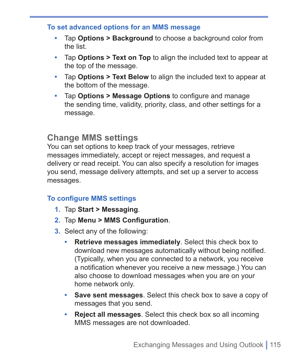 Change mms settings | HTC WIZA100 User Manual | Page 115 / 192