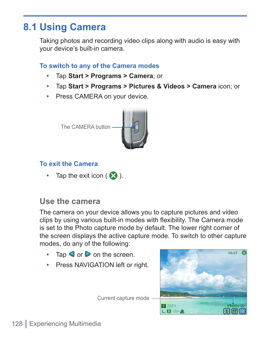 1 using camera, Use the camera | HTC WIZA100 User Manual | Page 128 / 192