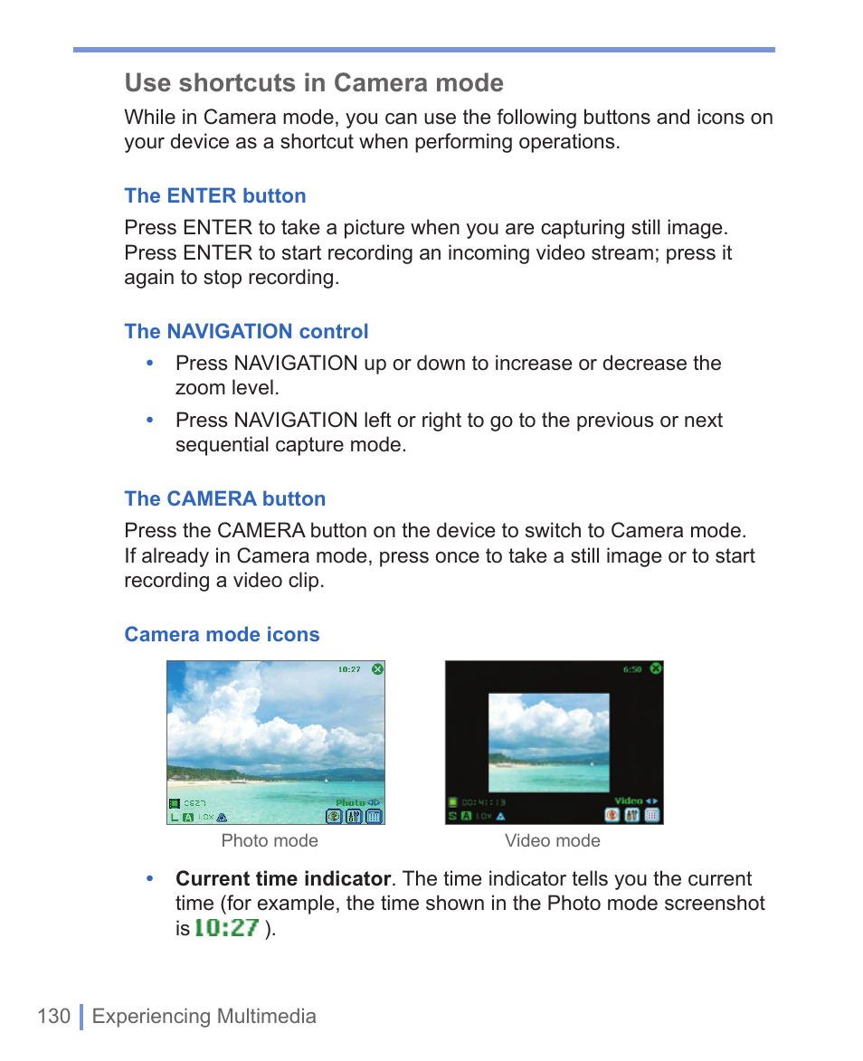 Use shortcuts in camera mode | HTC WIZA100 User Manual | Page 130 / 192