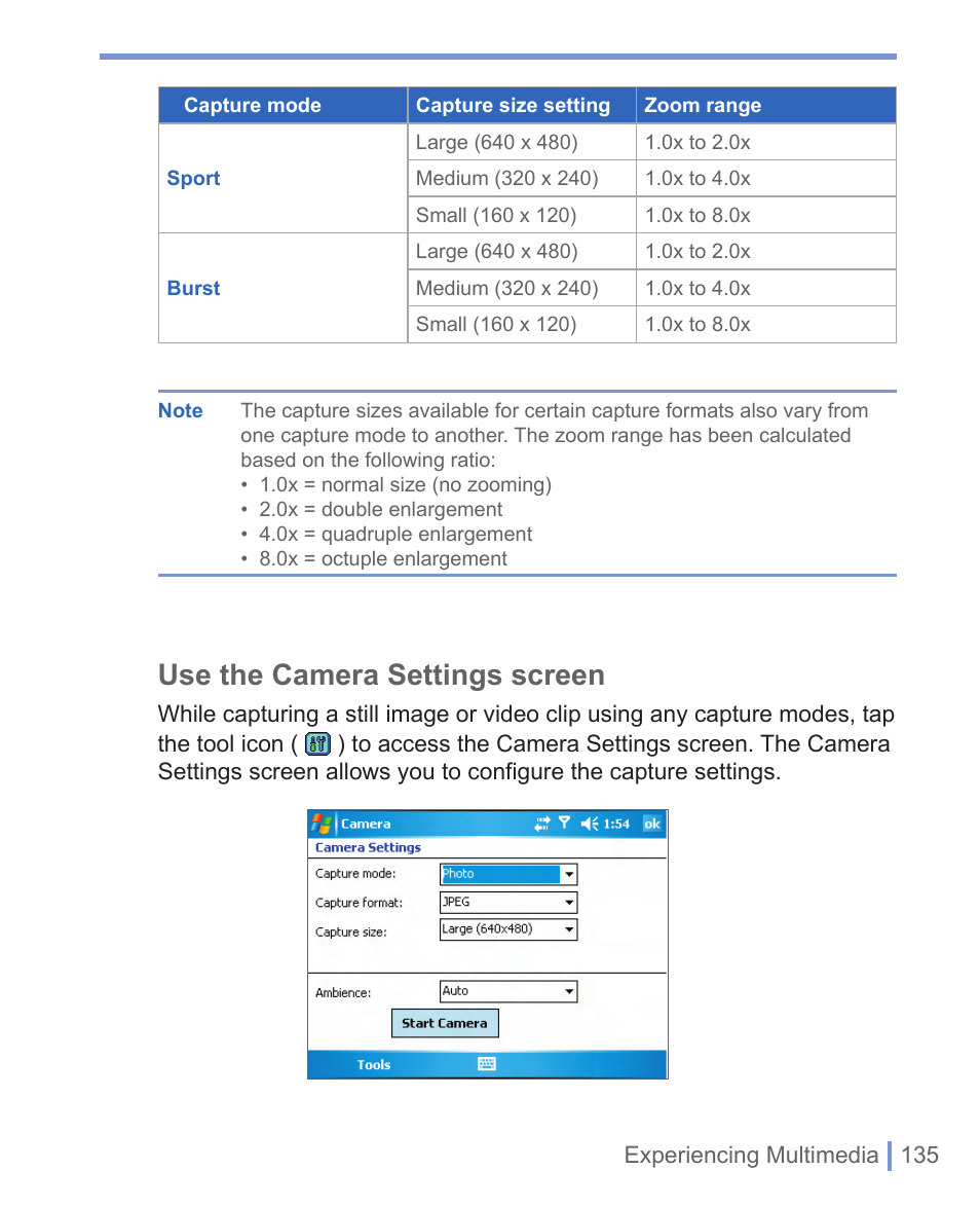 Use the camera settings screen | HTC WIZA100 User Manual | Page 135 / 192